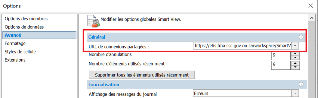 URL des connexions partagées EFIS entrée dans la zone de saisie